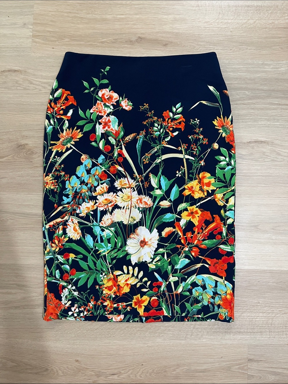 Black Floral Pencil Skirt with Colorful Blooms